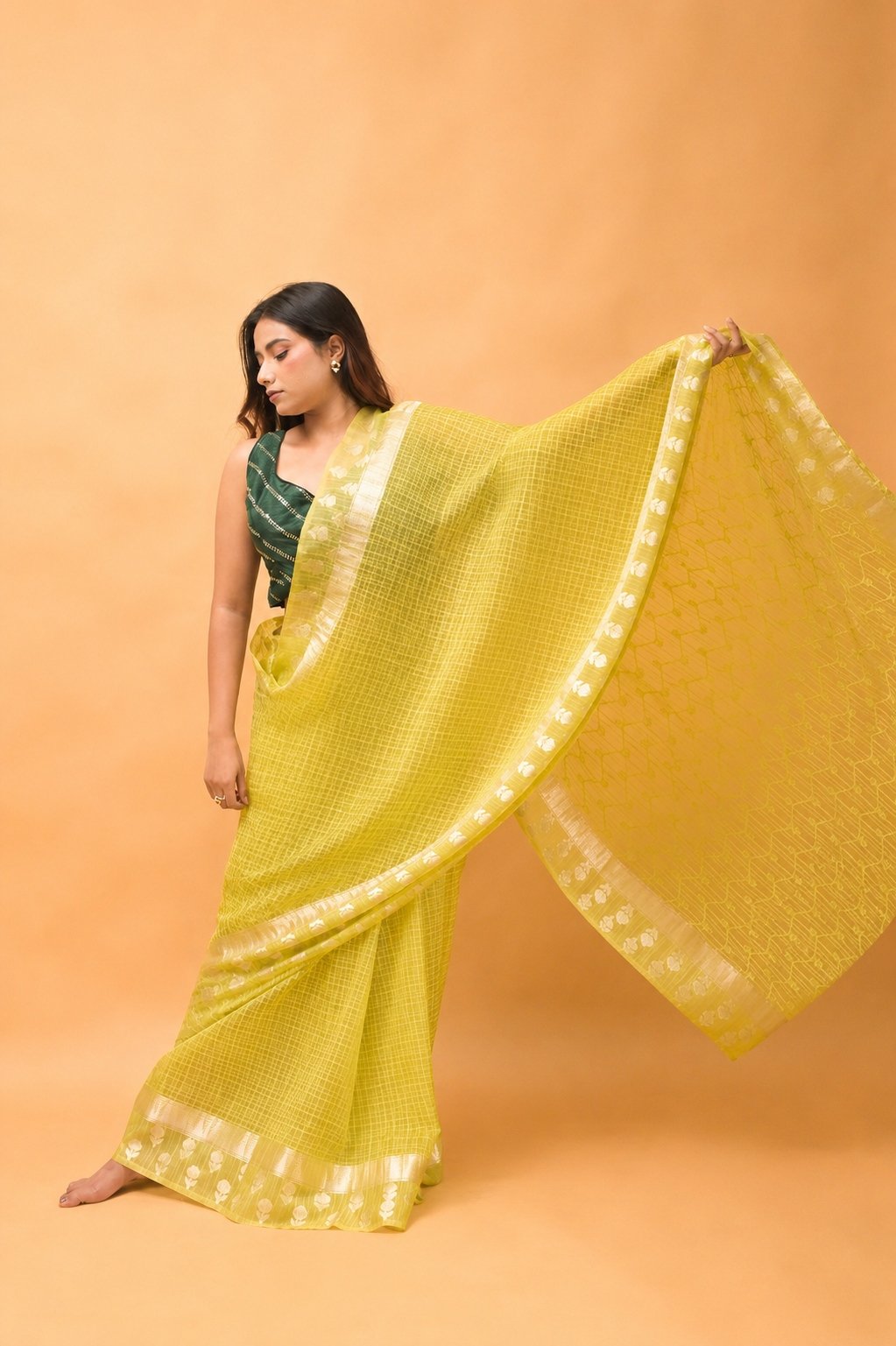 Elegant Check Pattern Lime Green Banarasi Kora Saree with Blouse